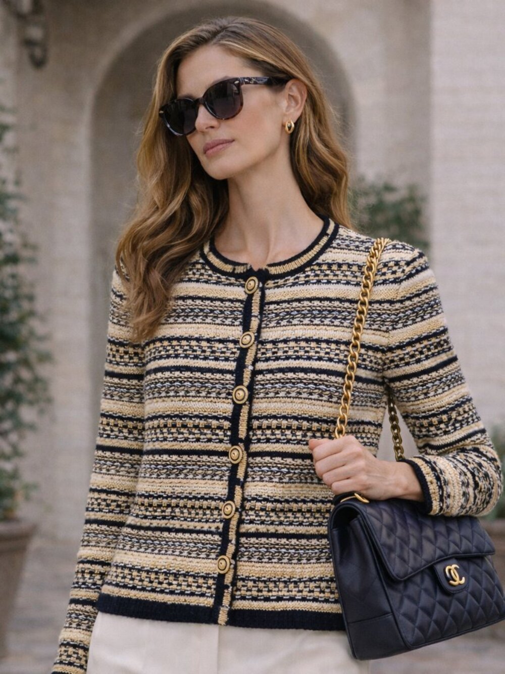 St John Collection Knit Cardigan Navy Cream Gold Metallic Stripe Sweater P